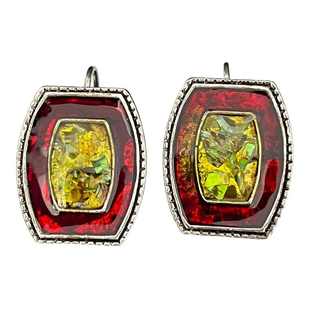 Vintage Earrings Green Red Resin Antique Silver Tone Premier Chic 1H
